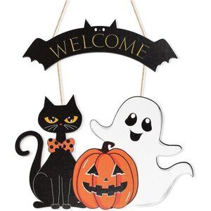 Pumpkin Black Cat Wreaths Sign Hanging for Home Wall Decor Front Door Sign